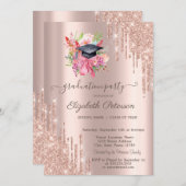 Bloral Grad Cap Rose Gold Glitzer Tropfen Einladung (Vorne/Hinten)