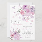 Bloral Lila Butterfly Babydusche Einladung (Vorderseite)