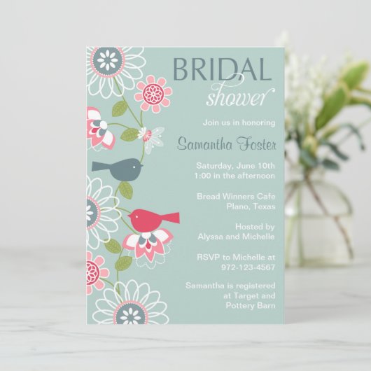 Bloral Love Bird Bridal Dusche Einladung (Stehend Vorderseite)