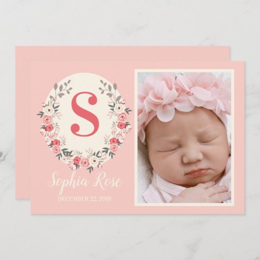 Bloral Monogram Baby Announction Blush Pink Einladung (Vorne/Hinten)