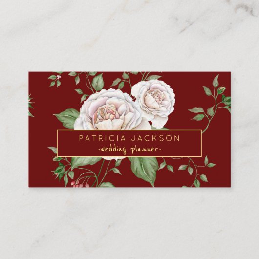 Bloral Red Burgundy Gold Script | Hochzeitsplaner Visitenkarte (Vorderseite)