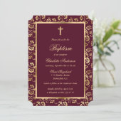 Bloral Red Gold Cross Script Taufe Einladung (Stehend Vorderseite)
