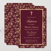 Bloral Red Gold Cross Script Taufe Einladung (Vorne/Hinten)