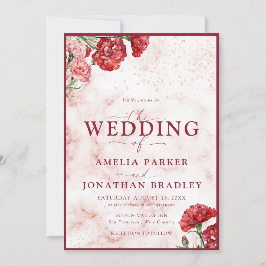 Bloral Red Marble Script Overlay Wedding Invitati Einladung (Vorderseite)