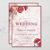Bloral Red Marble Script Overlay Wedding Invitati Einladung (Vorne/Hinten)