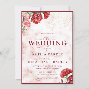 Bloral Red Marble Script Overlay Wedding Invitati Einladung
