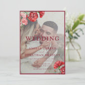 Bloral Red Marble Script Overlay Wedding Invitati Einladung (Stehend Vorderseite)