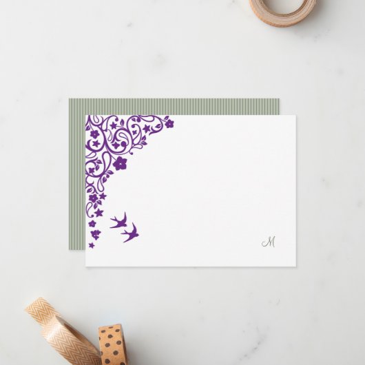 Bloral Secret Garden Sage Strip Script Monogram Mitteilungskarte (Vorderseite/Rückseite Beispiel)