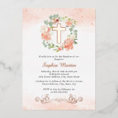 Bloral Shiny Gold Cross Peach Wreath Girl Taufe Folieneinladung (Vorderseite)