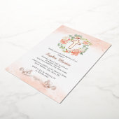 Bloral Shiny Gold Cross Peach Wreath Girl Taufe Folieneinladung (Gedreht)