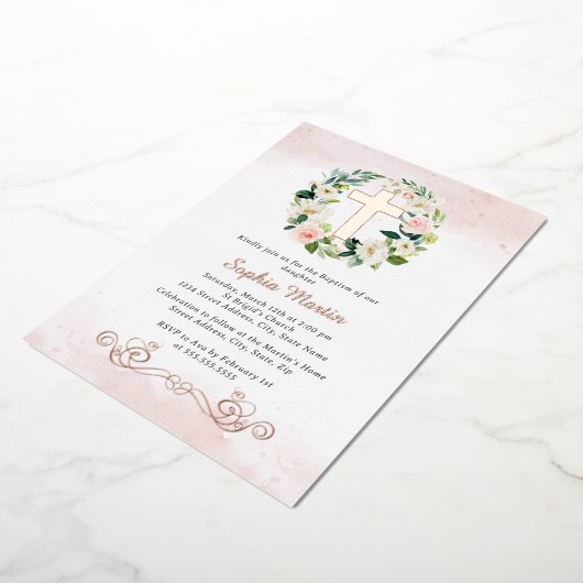 Bloral Shiny Gold Cross Wreath Girl Taufe Folieneinladung (Gedreht)