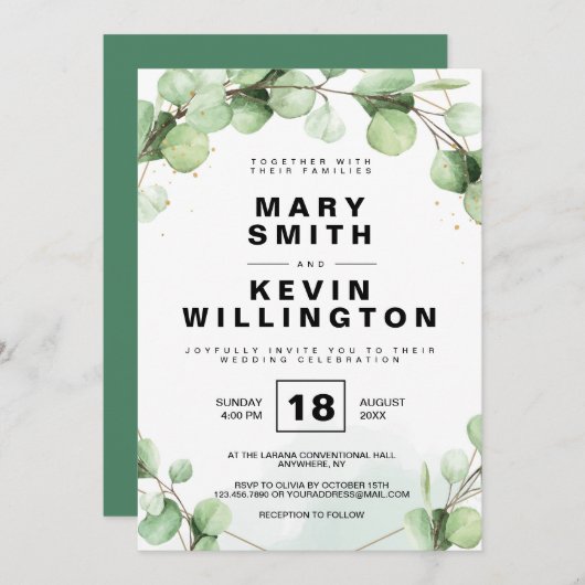 Bloral Simple Rustic Eucaliptus Greenerenerity Wed Einladung (Vorne/Hinten)