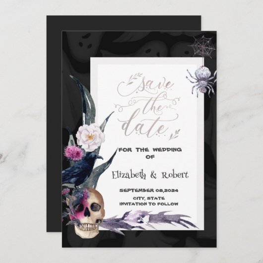 Bloral Skull Halloween Hochzeit Save The Date (Vorne/Hinten)