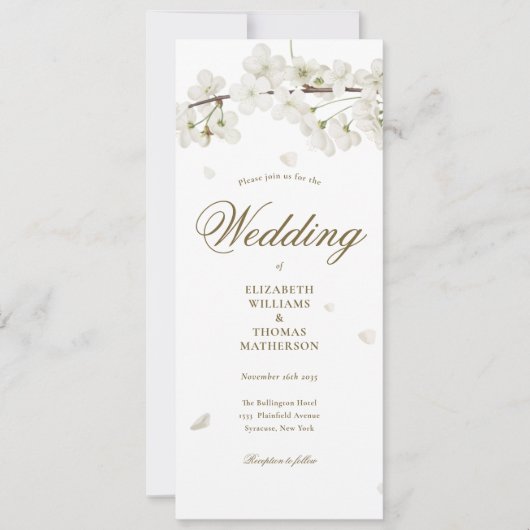 Bloral White Blossom Gold Script Hochzeit Einladung (Vorderseite)