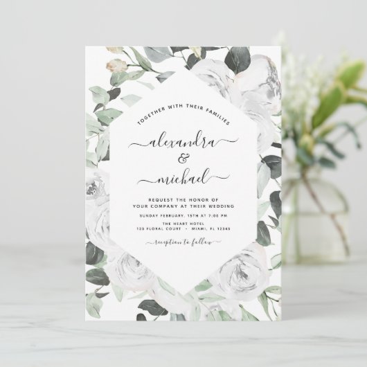 Bloral White Roses Eucalyptus Greenerity Wedding I Einladung (Stehend Vorderseite)