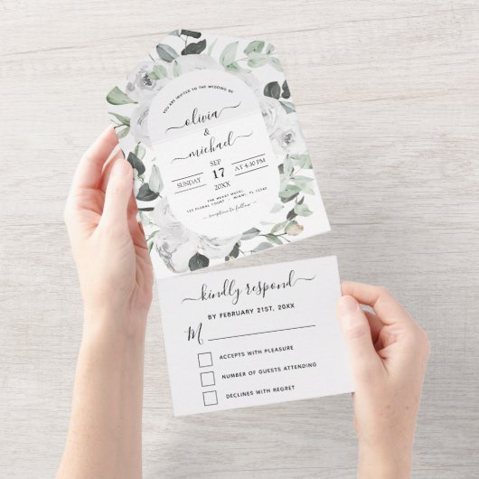 Bloral White Roses Eucalyptus Wedding RSVP All In One Einladung (Abreißen)