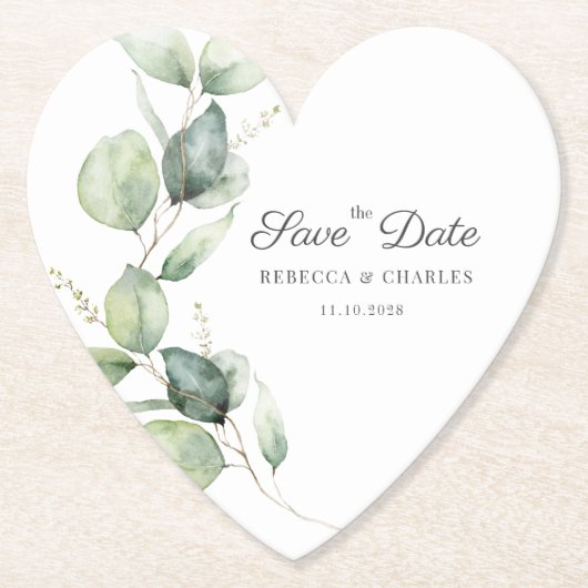 Blorale Eukalyptus-SkriptWedding Save the Date Untersetzer (Vorderseite)
