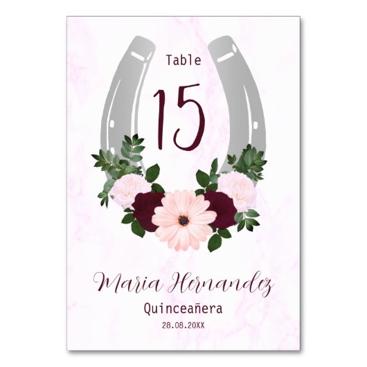 Bloraler Western Horseshoe Quinceanera Tischnummer (Vorderseite)