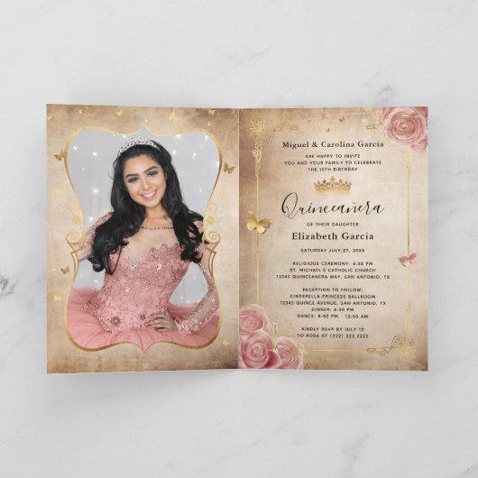 Blorgoldblush Rosa Quinceñera Foto geklappt Einladung (Innenseite)