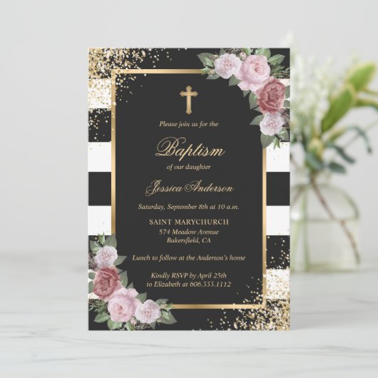 Blorrot Rosa Gold Cross Schwarz Elegante Taufe Einladung (Stehend Vorderseite)