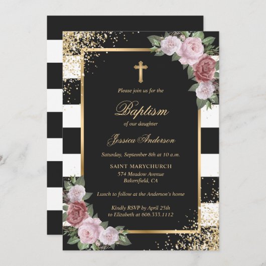 Blorrot Rosa Gold Cross Schwarz Elegante Taufe Einladung (Vorne/Hinten)