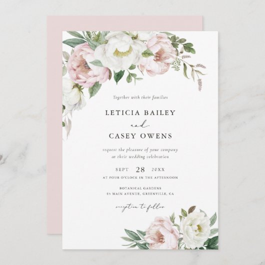 Blorrot Weißer Peonies Leaf Elegante Hochzeit Einladung (Vorne/Hinten)