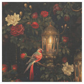 Blorrote Vögel und Lanterns auf schwarz Stoff (Nahaufnahme)