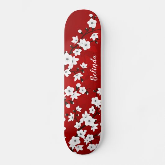 Blorrotes Weißes Kirschblossom Monogramm Skateboard (Vorderseite)