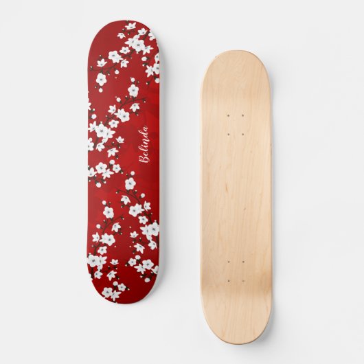 Blorrotes Weißes Kirschblossom Monogramm Skateboard (Vorderseite)