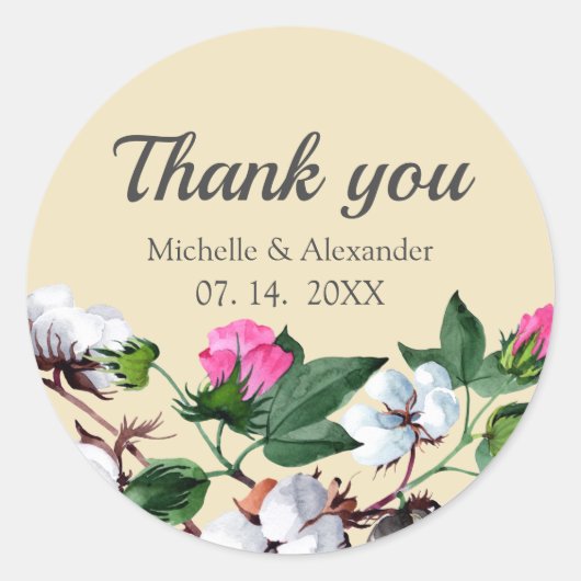 Blossom Baumwolle Blume. Blumenhochzeit Vielen Dan Runder Aufkleber (Vorderseite)