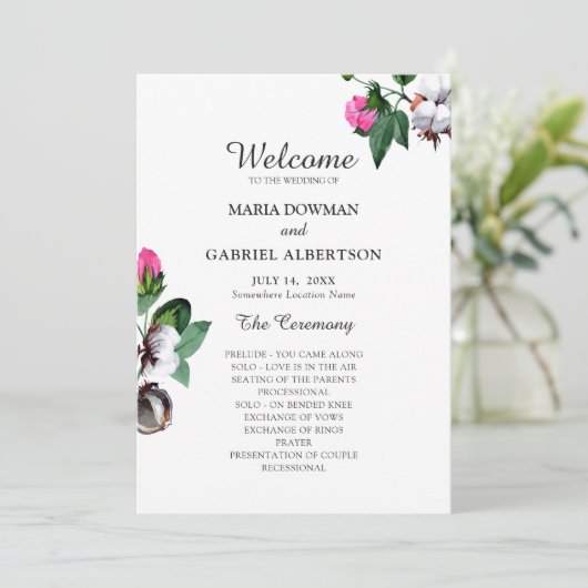 Blossom Baumwolle Blume. Botanische Hochzeit Programm (Stehend Vorderseite)