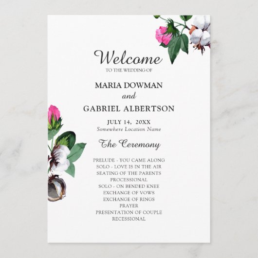 Blossom Baumwolle Blume. Botanische Hochzeit Programm (Vorderseite)