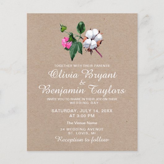 Blossom Baumwolle Blume. Rustic Nature Kraft Weddi Flyer (Vorne)