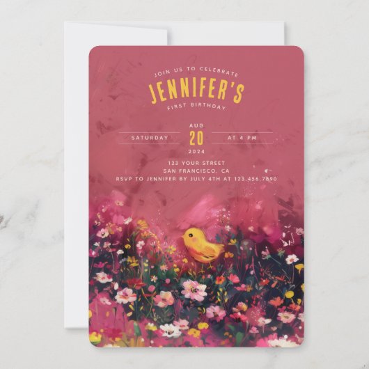 Blossom Birthday Bash - Adorable Chick First Birth Einladung (Rückseite)