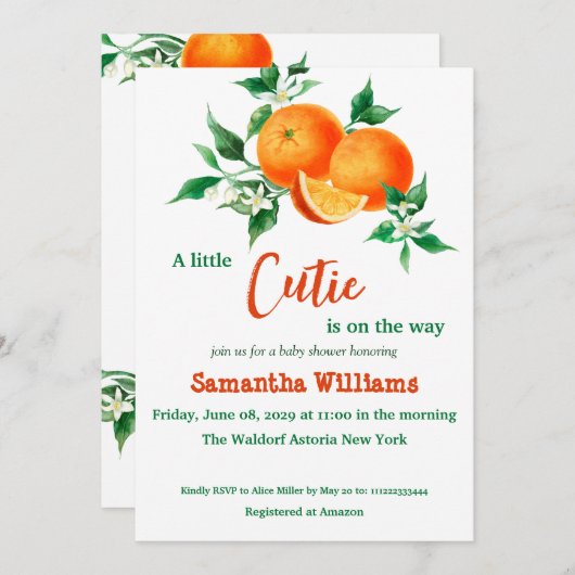 Blossom Citrus Little Cutie Orange Baby Shower Einladung (Vorne/Hinten)
