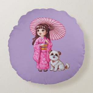 Blossom Companies: Kimono Girl & Puppy Round Pill Rundes Kissen