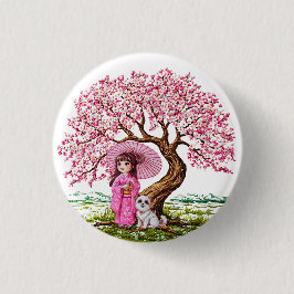 Blossom Dreams: Kimono Girl & Puppy Button