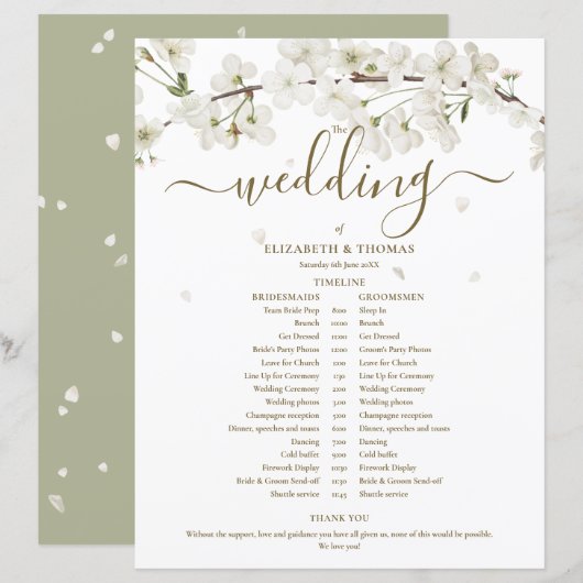 Blossom Floral Schrift Hochzeitsplan Zeitachse (Vorne/Hinten)