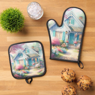 Blossom Lane Blue Cottage-Garten Ofenhandschuh & Topflappen-Set