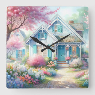 Blossom Lane Blue Cottage-Garten Quadratische Wanduhr