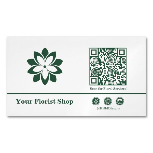 🌼 Blossom Logo Florist Green & White Magnetische Visitenkarte (Vorderseite)