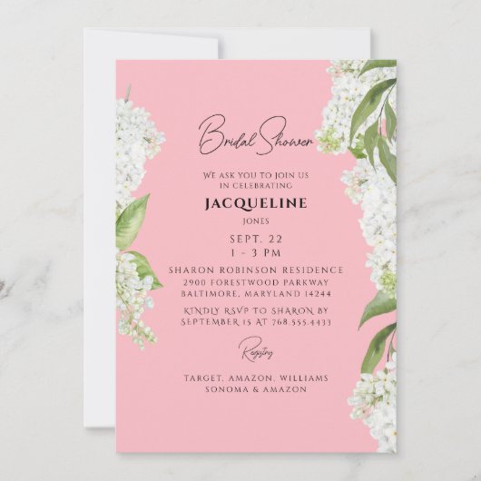 Blossom Pink Weißes Hydrangea Blumengebäck Brautpa Einladung (Vorderseite)