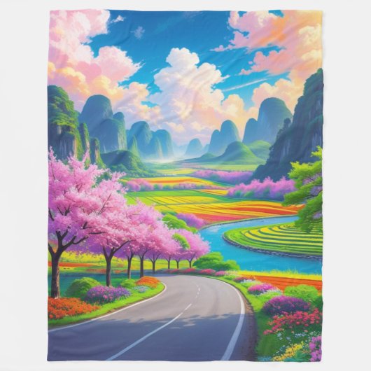 "Blossom Road Dreams - Fantasy Landschaft Fleecedecke (Vorderseite)
