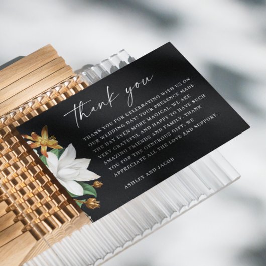 Blossom Vintage Kamelie. Hochzeit mit schwarzem Bl Dankeskarte