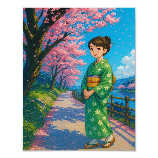 Blossom Weg im Frühling - Japanische Kunst-Kimono Fotodruck (Vorne)