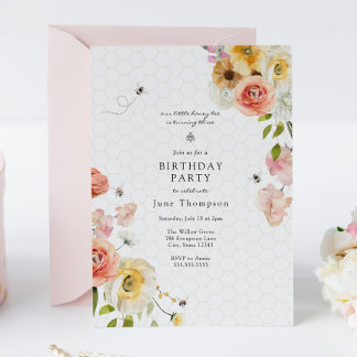 Blossoms and Honey Bee Birthday Girl Invitation Einladung