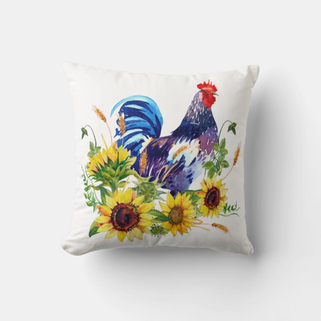 Blu Rooster mit Sonnenblumen Bauernhaus Baumkronen Kissen (Vorderseite)
