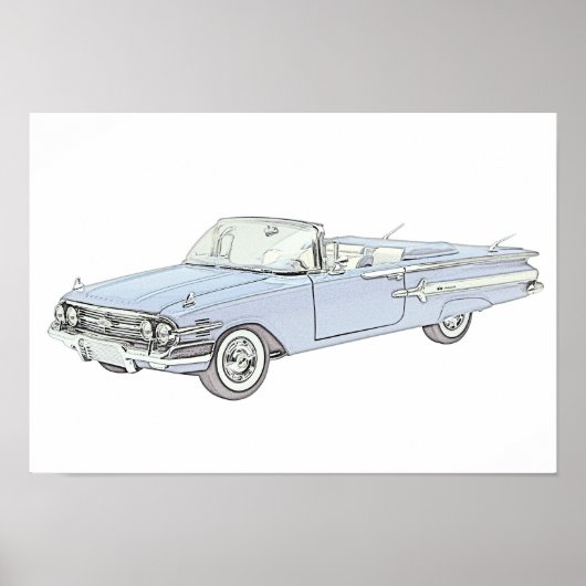 Blue 1960 Chevy Impala Cabriolet Zeichnend Poster (Vorne)