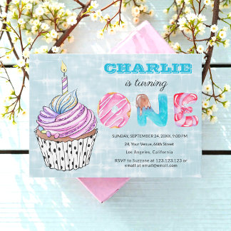 Blue 1. Geburtstag Niedlich Cup Cake Einladung