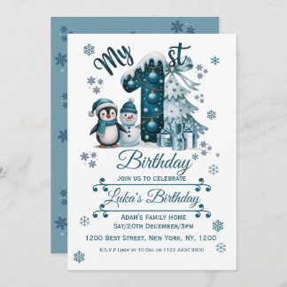 Blue 1st Birthday Christmas Einladung